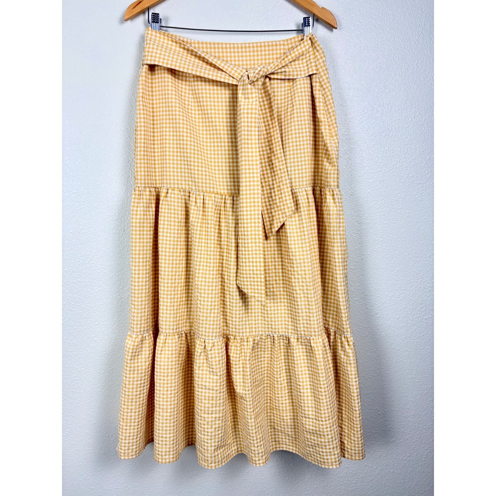 Ivy City Co Maxi Skirt Yellow Gingham Tiered 100% Cotton Cottagecore Prairie 10